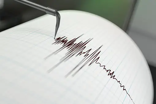 Seismograph needle recording earthquake waves.