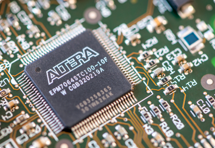 Close-up of a microchip on a circuit board.