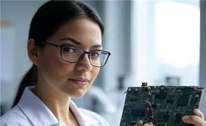 Woman in glasses holding a circuit board.