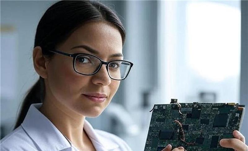 Woman in glasses holding a circuit board.