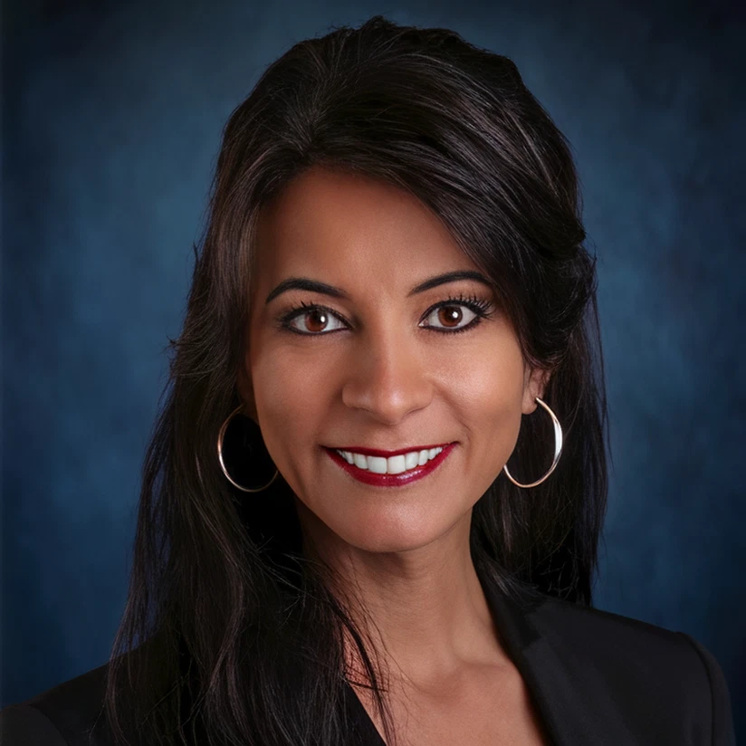 Smiling woman with hoop earrings, dark hair.