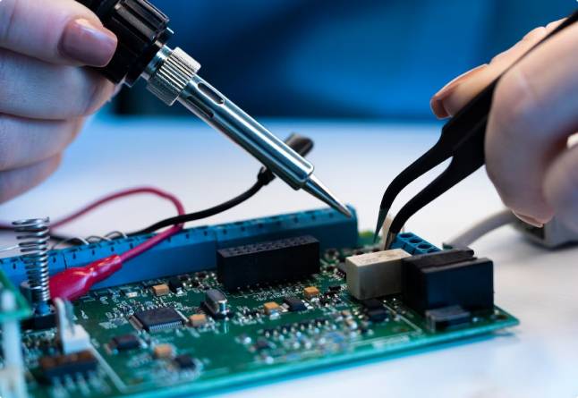 Hands soldering electronic circuit board.