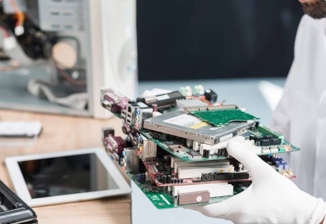 Gloved hands holding computer circuit boards.