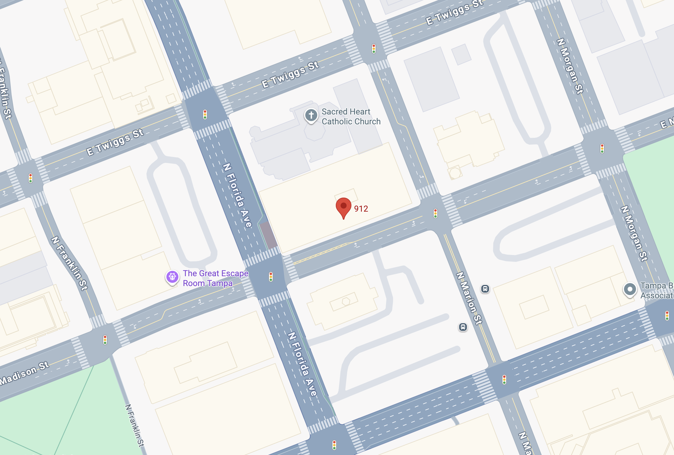 Map showing streets and landmarks in Tampa, Florida.